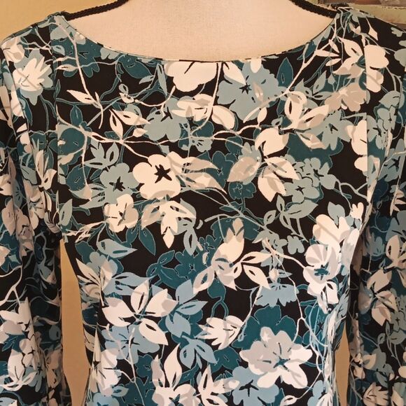 Charter Club Black and Teal Leaf Pattern Dress. Work Perfect. Floral. Soft Girl. - Picture 3 of 13
